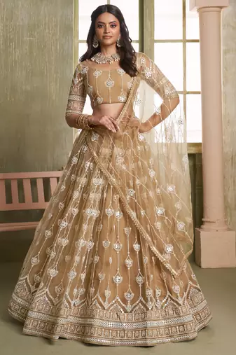 beige butterfly net thread sequence lehenga choli