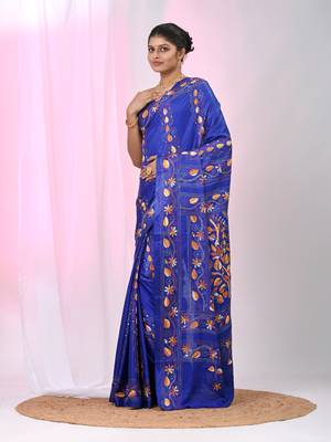 Blue silk blend kantha stitch saree with multicolor thread work 2