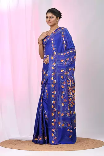 Blue silk blend kantha stitch saree with multicolor thread work