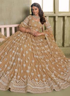 beige butterfly net thread sequence lehenga choli 2