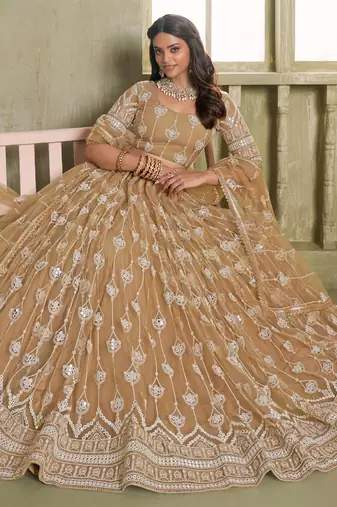beige butterfly net thread sequence lehenga choli