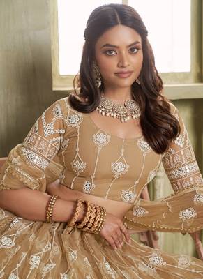 beige butterfly net thread sequence lehenga choli 3