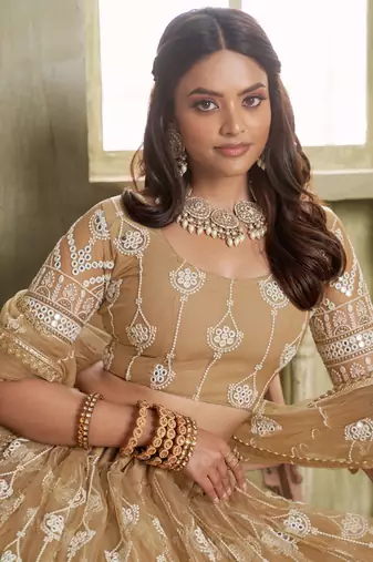 beige butterfly net thread sequence lehenga choli