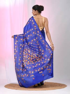 Blue silk blend kantha stitch saree with multicolor thread work 3
