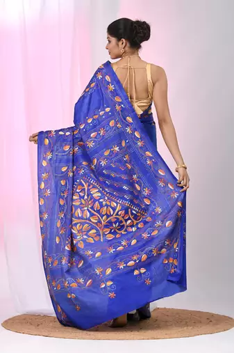 Blue silk blend kantha stitch saree with multicolor thread work