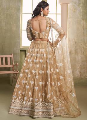 beige butterfly net thread sequence lehenga choli 4