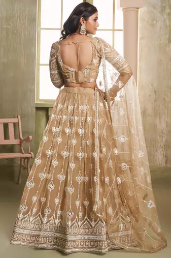 beige butterfly net thread sequence lehenga choli
