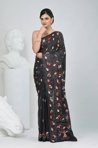 Black silk blend kantha stitch saree with multicolor thread work
