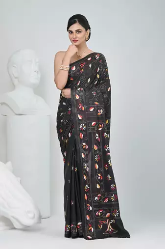 Black silk blend kantha stitch saree with multicolor thread work
