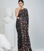 Black silk blend kantha stitch saree with multicolor thread work