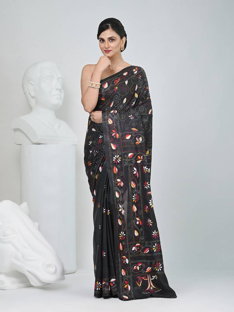 Black silk blend kantha stitch saree with multicolor thread work