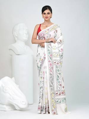 White silk blend kantha stitch saree with multicolor thread work 1