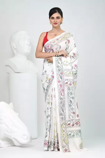 White silk blend kantha stitch saree with multicolor thread work