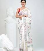 White silk blend kantha stitch saree with multicolor thread work
