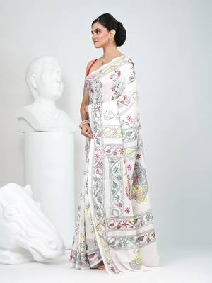 White silk blend kantha stitch saree with multicolor thread work 2