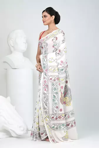 White silk blend kantha stitch saree with multicolor thread work