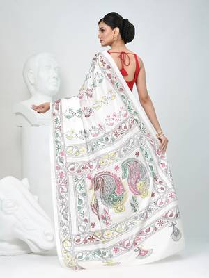 White silk blend kantha stitch saree with multicolor thread work 3
