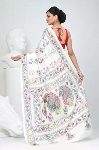 White silk blend kantha stitch saree with multicolor thread work