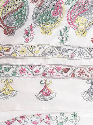White silk blend kantha stitch saree with multicolor thread work 4