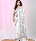 White silk blend kantha stitch saree with black floral thread work