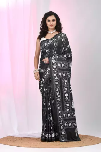 Black silk blend kantha stitch saree with white elephant & floral thread work