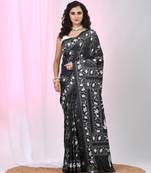 Black silk blend kantha stitch saree with white elephant & floral thread work