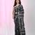 Black silk blend kantha stitch saree with white elephant & floral thread work