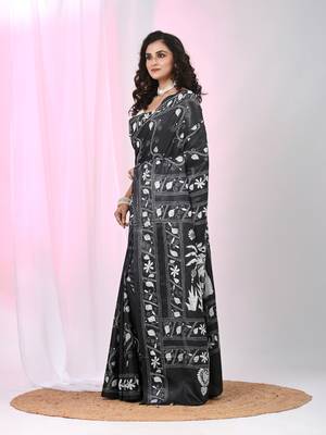 Black silk blend kantha stitch saree with white elephant & floral thread work 2
