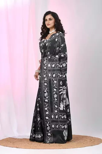 Black silk blend kantha stitch saree with white elephant & floral thread work