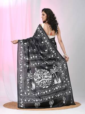 Black silk blend kantha stitch saree with white elephant & floral thread work 3