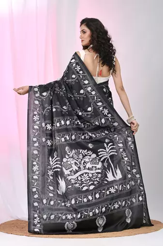 Black silk blend kantha stitch saree with white elephant & floral thread work