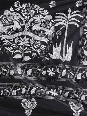 Black silk blend kantha stitch saree with white elephant & floral thread work 4