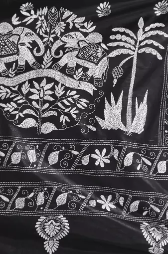 Black silk blend kantha stitch saree with white elephant & floral thread work
