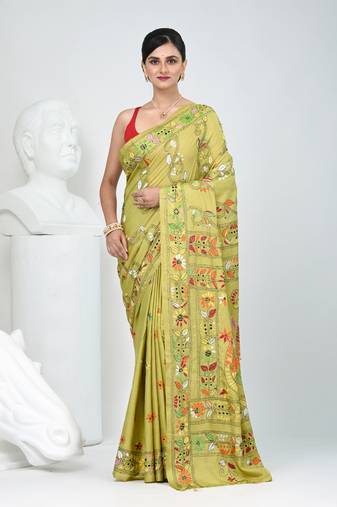 Green silk blend kantha stitch saree with multicolor thread work