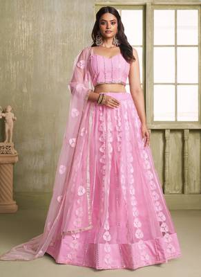 baby pink butterfly net thread sequence lehenga choli 1