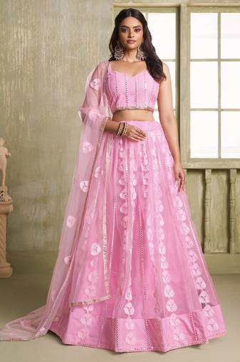 baby pink butterfly net thread sequence lehenga choli