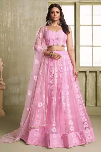 baby pink butterfly net thread sequence lehenga choli