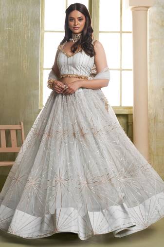 off white butterfly net thread sequence lehenga choli