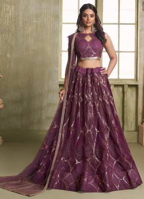 wine butterfly net thread sequence lehenga choli 1