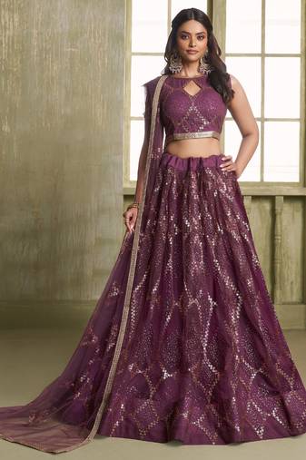 wine butterfly net thread sequence lehenga choli