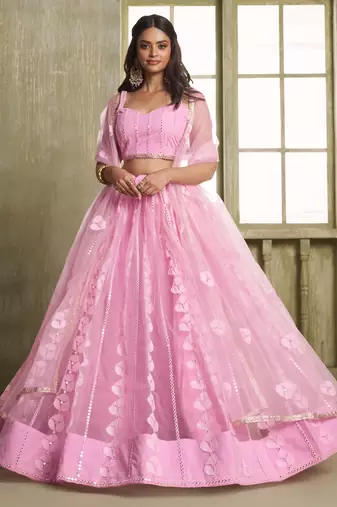 baby pink butterfly net thread sequence lehenga choli