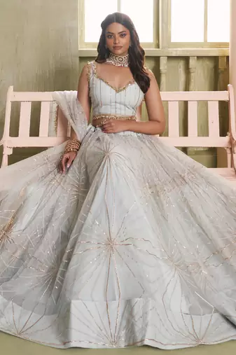 off white butterfly net thread sequence lehenga choli