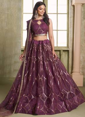 wine butterfly net thread sequence lehenga choli 2