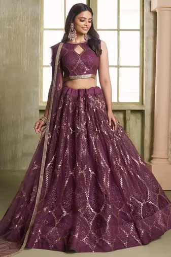 wine butterfly net thread sequence lehenga choli