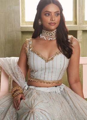 off white butterfly net thread sequence lehenga choli 3