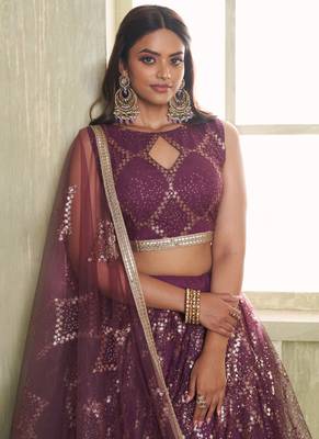 wine butterfly net thread sequence lehenga choli 3