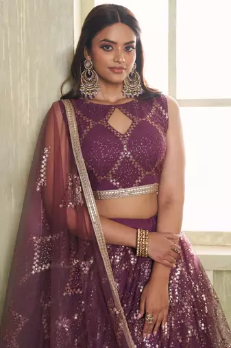 wine butterfly net thread sequence lehenga choli