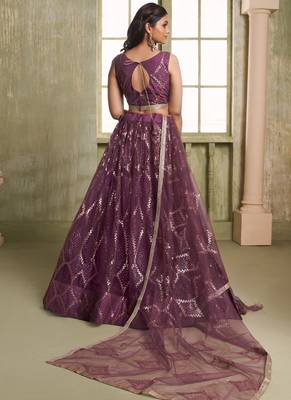 wine butterfly net thread sequence lehenga choli 4