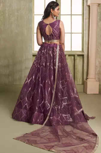 wine butterfly net thread sequence lehenga choli