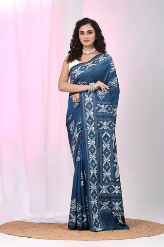 Aegean blue silk blend kantha stitch saree with white peacock & floral thread work